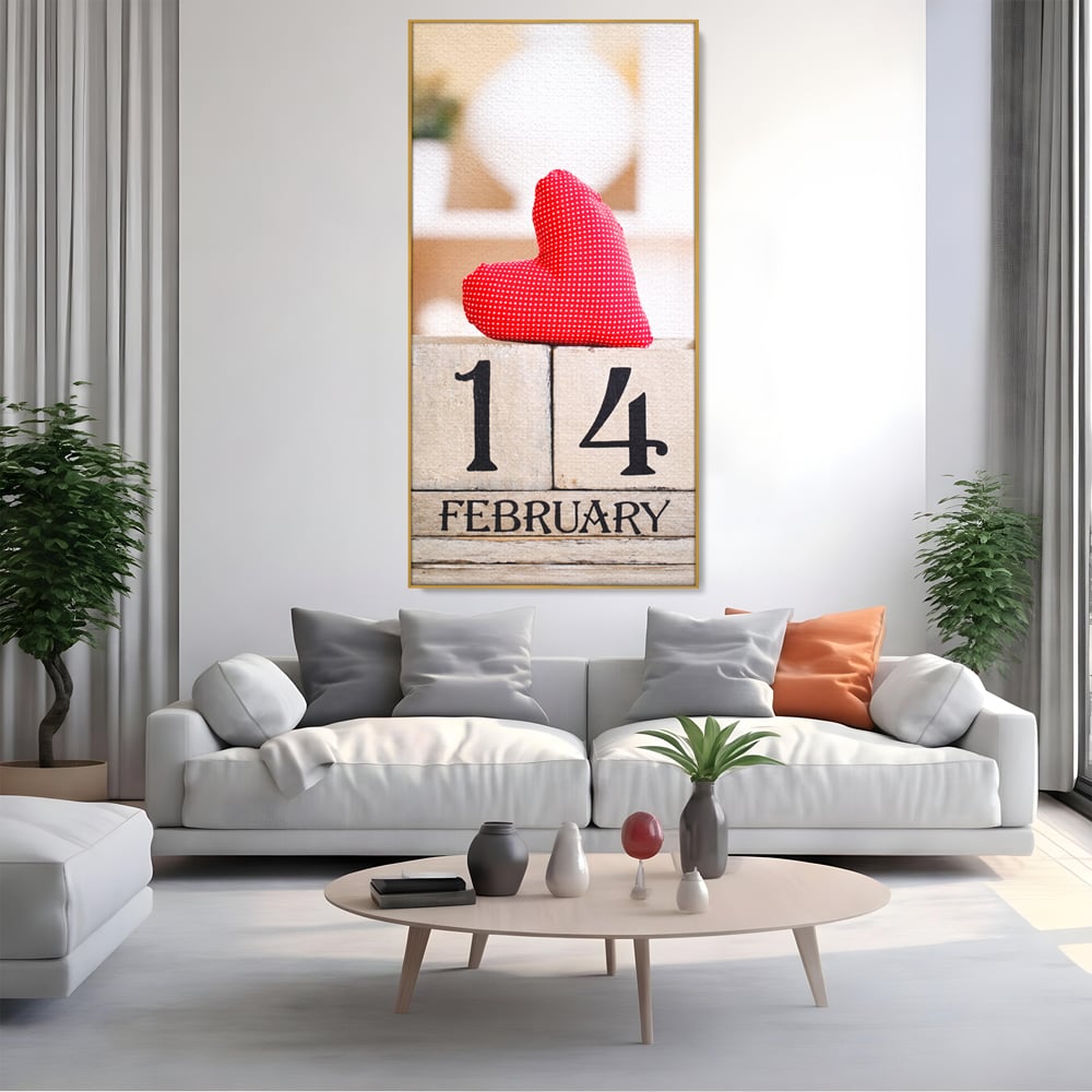 Tablou canvas cu tablou canvas cu data de paisprezece februarie, in rama de aluminiu auriu, pe perete intr-un living